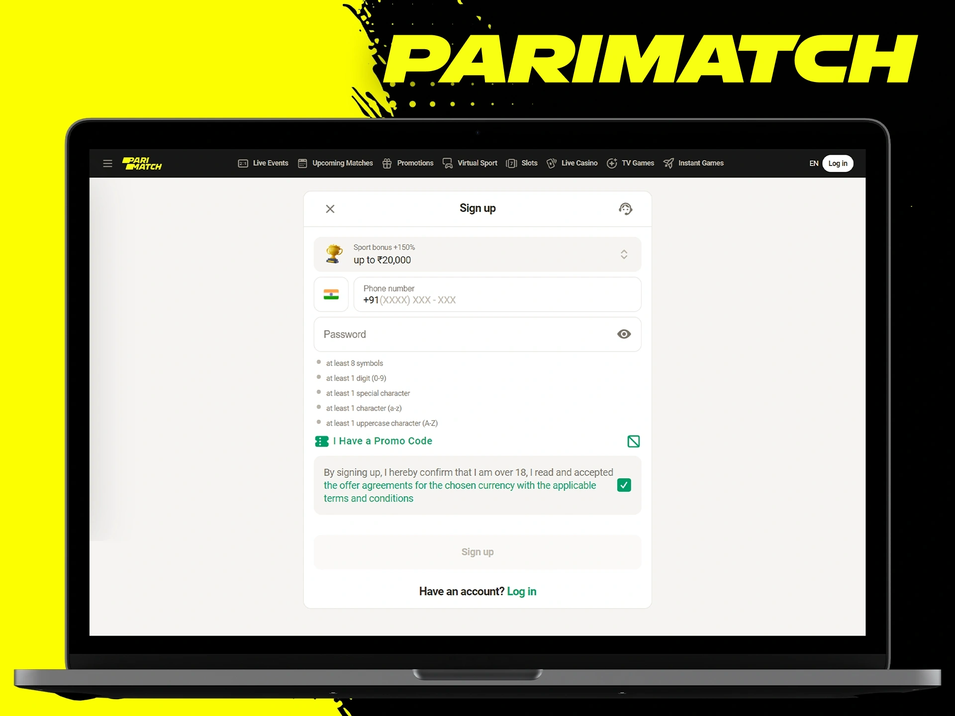 Click the registration button to create an account in Parimatch.